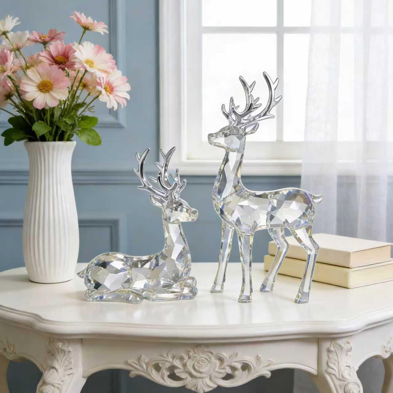 EverZenHub Christmas Decorations, Reindeer Figurines Set of 2 - Resin Deer Statues for Xmas Tabletop, Fireplace Mantel, Shelf Decor | Holiday Home Décor Ornaments & Gifts