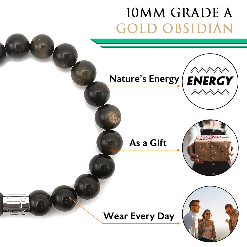 Morchic Gold Obsidian Stone Stretch Bracelet for Womens Mens, Genuine Semi Precious Gemstone 10mm Beads Classic Style Birthday Gift 8 Inches
