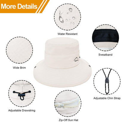 Sun Hats for Women Bucket Hat UV Protection Fishing Hat Wide Brim Safari Hats 2 in 1 Zip-Off Sun Visor Hats UPF 50+