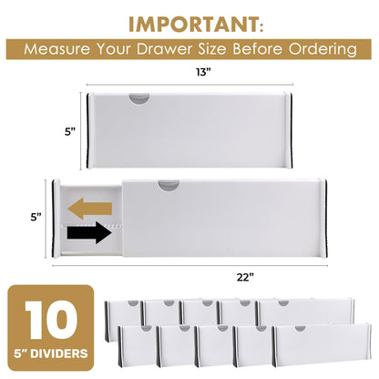 RAPTUROUS Adjustable Deep Drawer Divider – 5" Tall, Expandable 13-22", 10-Pack, Non-Slip Drawer Dividers for Clothes, Dresser, Kitchen & Office Organization (White)