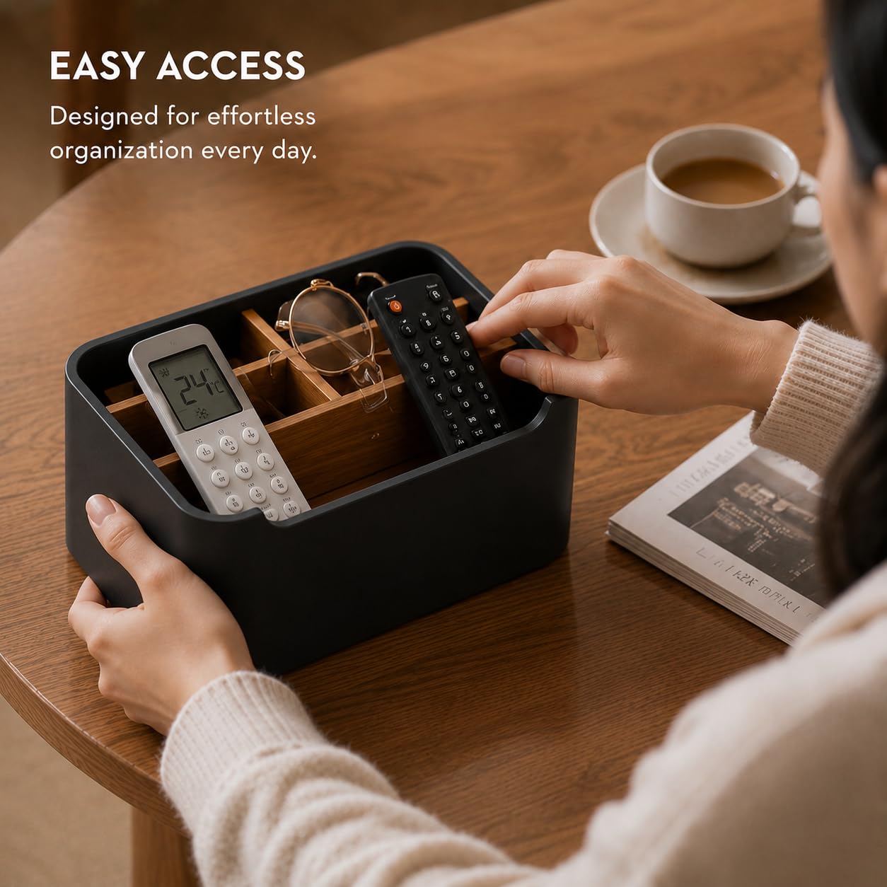 SZYRL Remote Control Holder with Removable Wood Compartments for Media Devices, Desktop Stationery, and Bedside Nightstands, Black