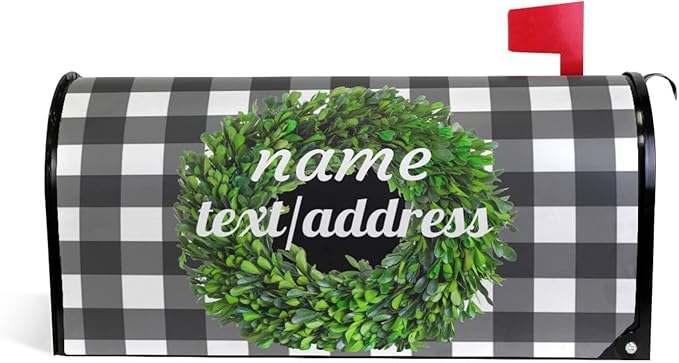 Kcldeci Custom Address Mailbox Covers Magnetic - Personalized Boxwood Wreath Plaid Mailbox Magnet Decor 21x18