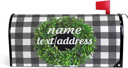 Kcldeci Custom Address Mailbox Covers Magnetic - Personalized Boxwood Wreath Plaid Mailbox Magnet Decor 21x18