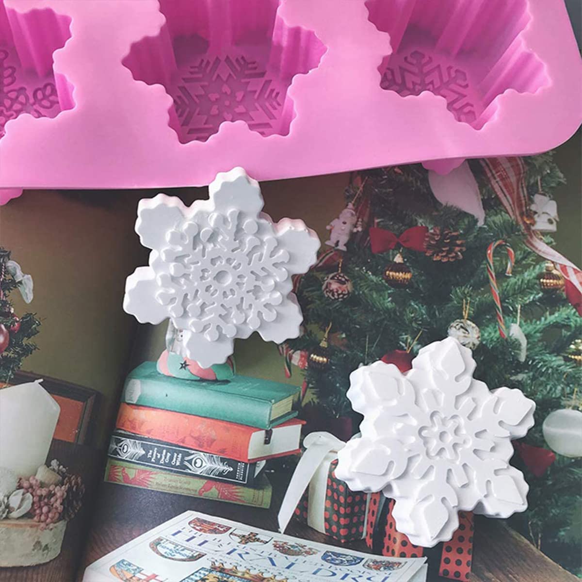 Snowflake Silicone Molds, 2 Pack Cake Pans Cookie Trays Handmade Soap Making Molds Also for Chocolate Mold Pudding Jelly Muffin Ice Cube Tray for Christmas Holiday Party Cake Decor(Pink/Blue)…