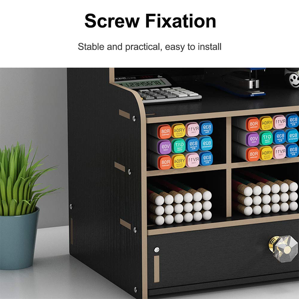 Wooden Desk Organizer with Drawer, Large Capacity DIY Pen Holder Storage Box Desktop Stationary Storage Rack, Pen Organizer Caddies for Office, Home and School Supplies (B16-Black)