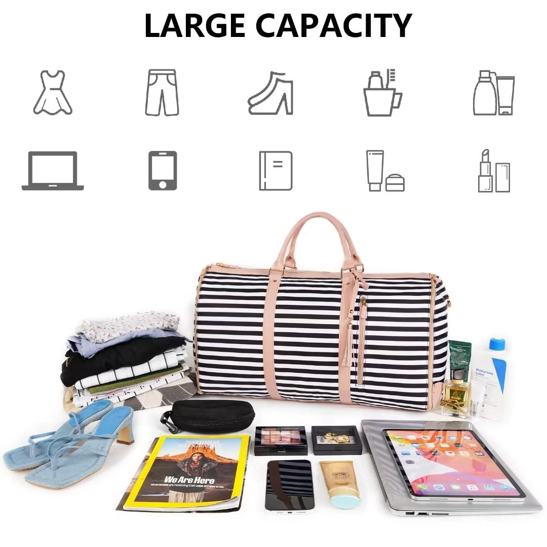Ytonet Carry On Garment Bag, Large Hanging Duffle Bag for Women, PU Leather Waterproof Bags Travel with Shoe Pouch - 2 in 1 Suitcase Suit Bags, Black and White Stripe