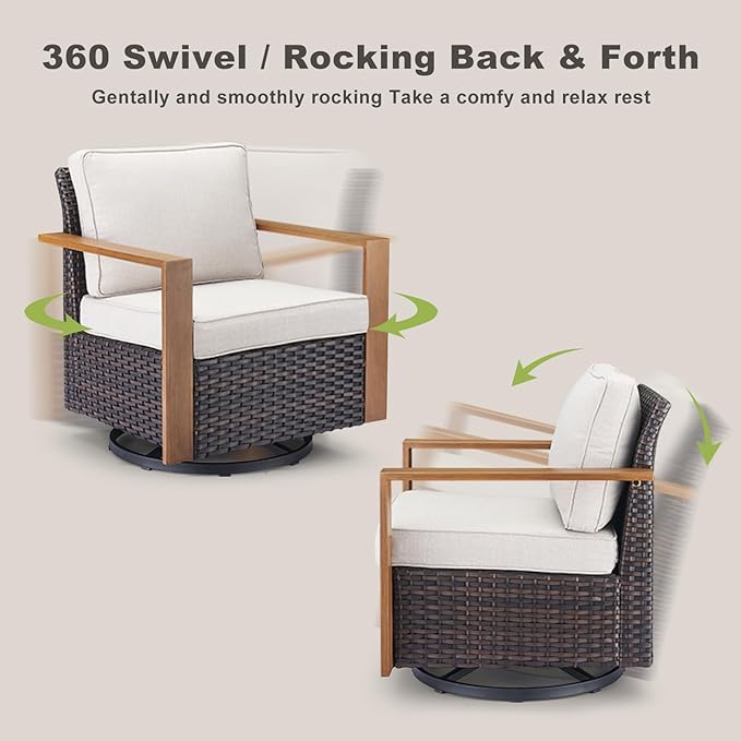 Rilyson Outdoor Patio Swivel Rocker Chairs - Wicker Rattan Patio Swivel Rocking Chairs Set of 2 with Metal Wide Armrest, Thick Cushions and Deep Seating for Deck Porch Sunroom Garden(Brown/Beige)