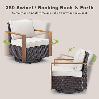 Rilyson Outdoor Patio Swivel Rocker Chairs - Wicker Rattan Patio Swivel Rocking Chairs Set of 2 with Metal Wide Armrest, Thick Cushions and Deep Seating for Deck Porch Sunroom Garden(Brown/Beige)