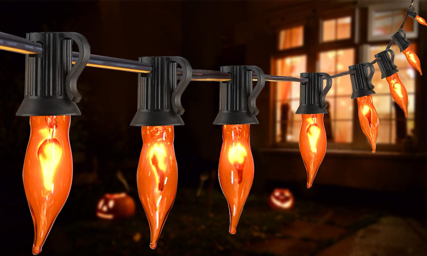 27.8Ft Halloween Decorations Flickering Flame String Lights with 27 Pack Orange Clear Flame Light Bulbs (4 Spare E12 Bulbs), Orange Christmas Lights Outdoor for Home Party Christmas Halloween Decor