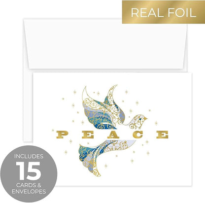 Masterpiece Elegant Dove Christmas Cards / 15 Religious Dove Holiday Cards Set With Gold Foil And White Envelopes / 5 5/8" x 7 7/8" Greeting Cards With Inside Verse