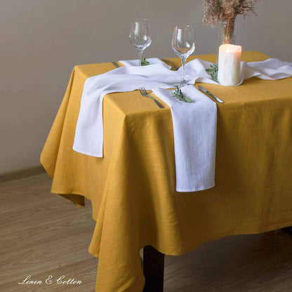Linen & Cotton Tablecloth Table Linen Cloth Hygge - 100% Linen, Mustard Yellow (140 x 250 cm) Rectangular Washable Table Cloth for Home Kitchen Dining Table Decoration Restaurant Hotel Summer Party