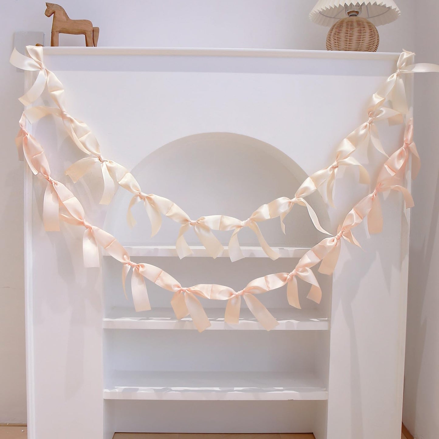 Eanjia Peach Bow Garland Pre-Assembled | 6ft Silk Satin Bow Banner for Coquette Bachelorette Party, Soft Blush Baby Shower,Bridal Shower Wedding Baby Room Bed Decor (Peach, 6ft)