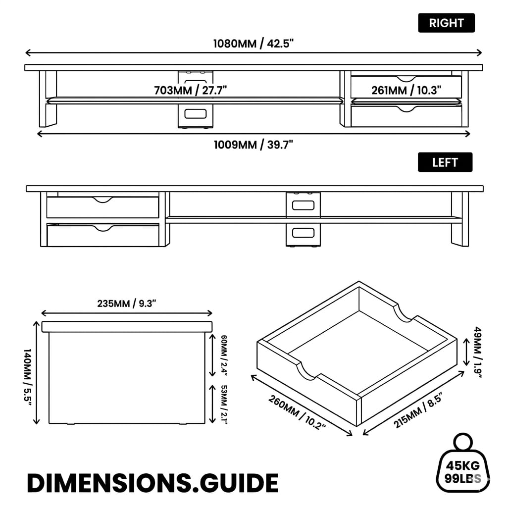 Fenge Monitor Stand, Dual Monitor Riser, 42.5inch Large Desk Computer Monitor Stand Riser with Drawer, 2 Tier Wood & Acrylic Desktop Organizer for Computer, Laptop, Printer, TV Screen Riser