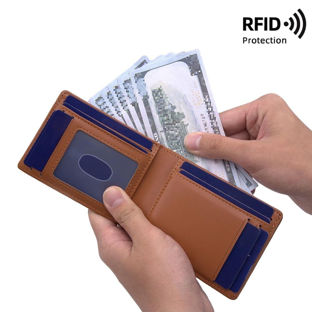 Slim RFID-Blocking PU Leather Bifold Wallet for Men & Women, Minimalist Card Holder with ID Window & Cash Pocket