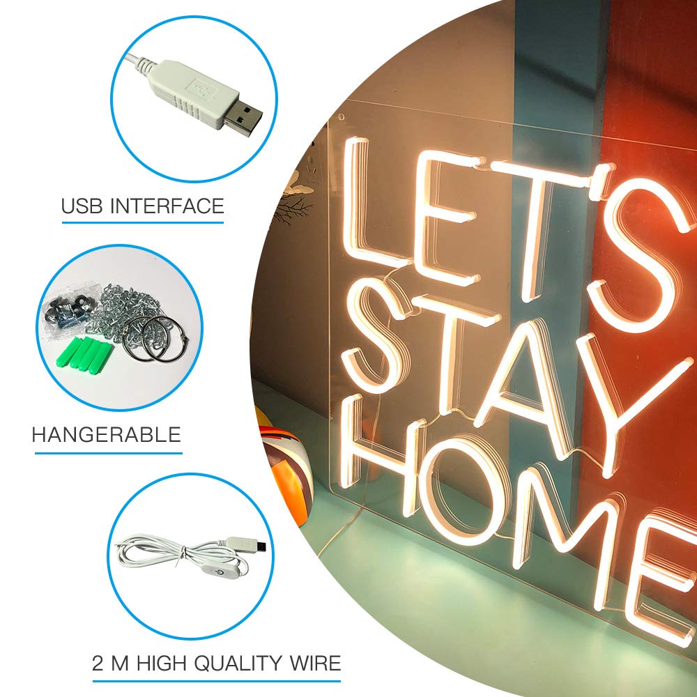 Lets Stay Home Neon Signs-USB Acrylic Light Up Lights Signs for Room Bedroom Wall Indoor Decor Led Neon Light Sign 14.9×14.1 IN Bar Christmas Party Wedding Kid Girl boy Living Room Lounge Office White