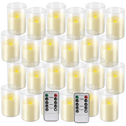 fclayvts 24 Pack Flameless LED Candles with Clear Glass Holder, Battery Operated Real Wax Tea Lights with Remote & Timer, Flickering Warm Light Fireless Votive Candles for Home Wedding Holiday Decor