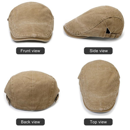 Initlove Mens Newsboy Cap Washed Beret Ivy Hat Flat Hats for Cabbie Driving Khaki