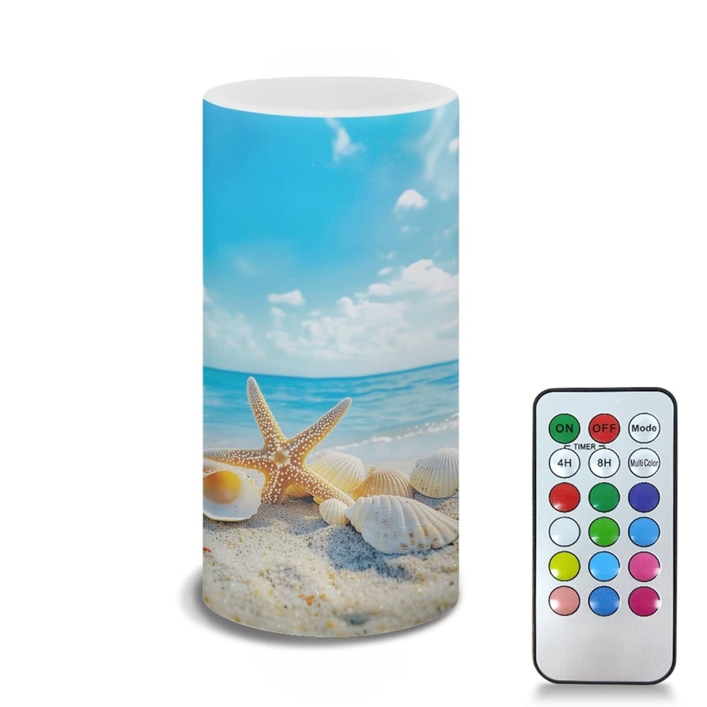 Poceacles Beach Starfish Seashell Blue Sky LED Flameless Candles Battery Operated Candles with Remote Control Timer Flickering Wick Pillar Candles for Coastal Home Bathroom Outdoor Decor