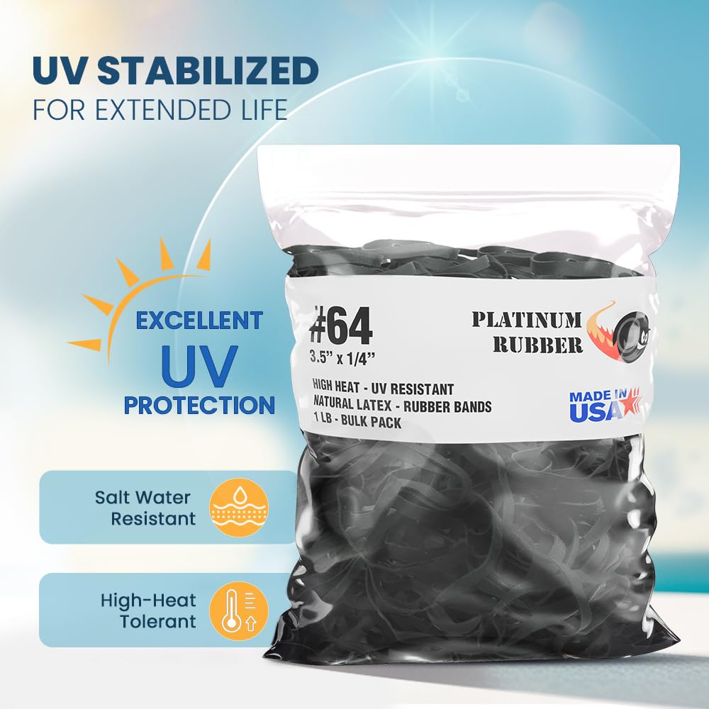 Black High Heat UV Resistant #64 Platinum Rubber Crepe Band Made in USA (3 1/2" x 1/4") Large Premium Fishing/Angler Rubberbands (64-1/4lb)