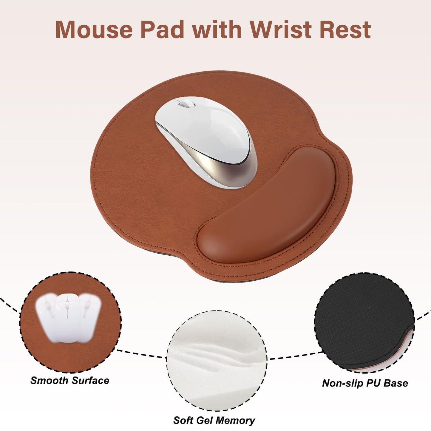 MOSISO Wrist Rest Support for Mouse Pad & Keyboard Set, Ergonomic PU Leather Keyboard and Mousepad with Wrist Rest&Coaster Non-Slip Base Home/Office Easy Typing Cushion with Raised Memory Foam, Brown