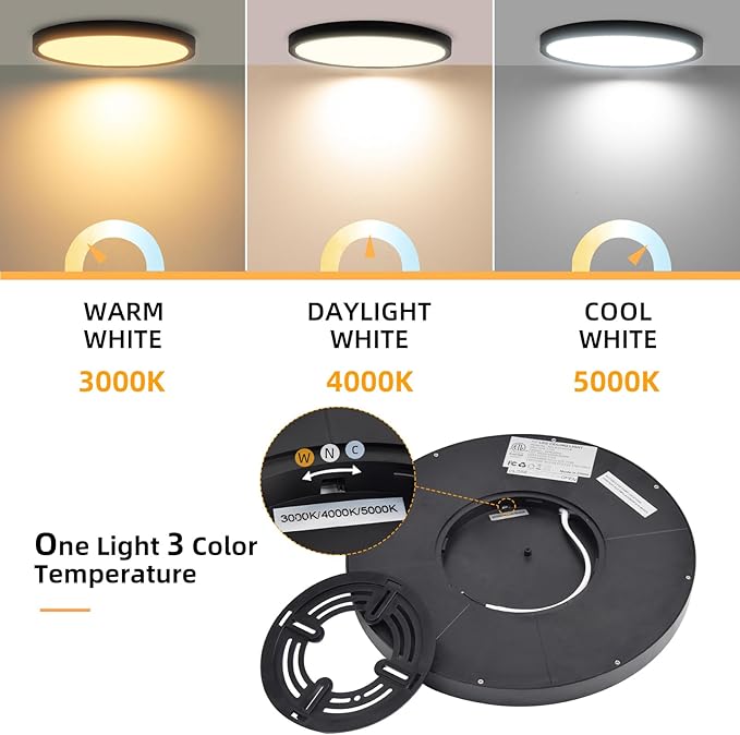 Hlite 4pack 12 inch Flush Mount LED Ceiling Light Fixture,24W 2400LM Super Slim Light Fixtures Ceiling Mount 3000K/4000K/5000K 3CCT Selectable,Ceiling Light Fixtures for Kitchen,Bedroom (Black)