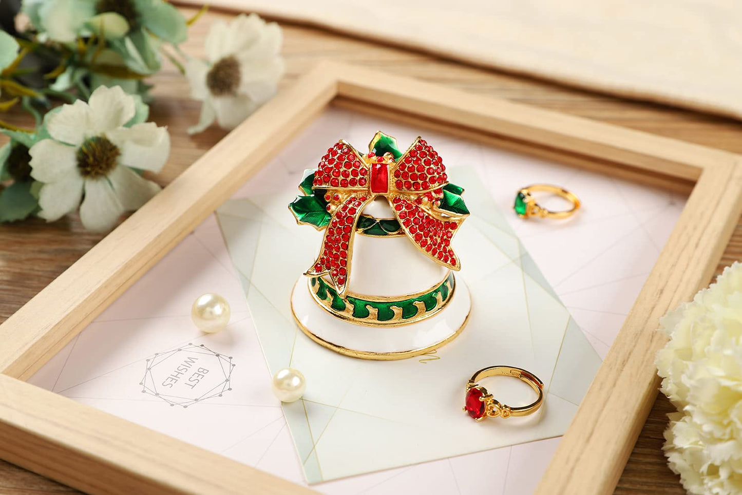 Janshe Cul Christmas Bell Trinket Boxes Hinged Hand-Painted Figurine Enamel Ornaments Craft Unique Xmas Gift for Home Decor(White)