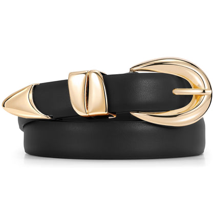 SANATHS Women Leather Belt for Jeans Pants Fashion Ladies Skinny Belt for Dresses Thin Belt with Gold Buckle,black,S