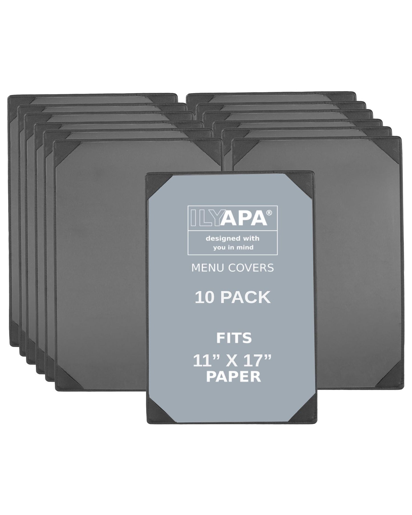 Ilyapa 10 Pack Restaurant Menu Covers 11 x 17 - Vinyl Leather Menu Holder, Single Sided Book with Corner Sleeves for Display of Wedding Menus, Weekly Kitchen Specials & Bar Drinks for Table Top