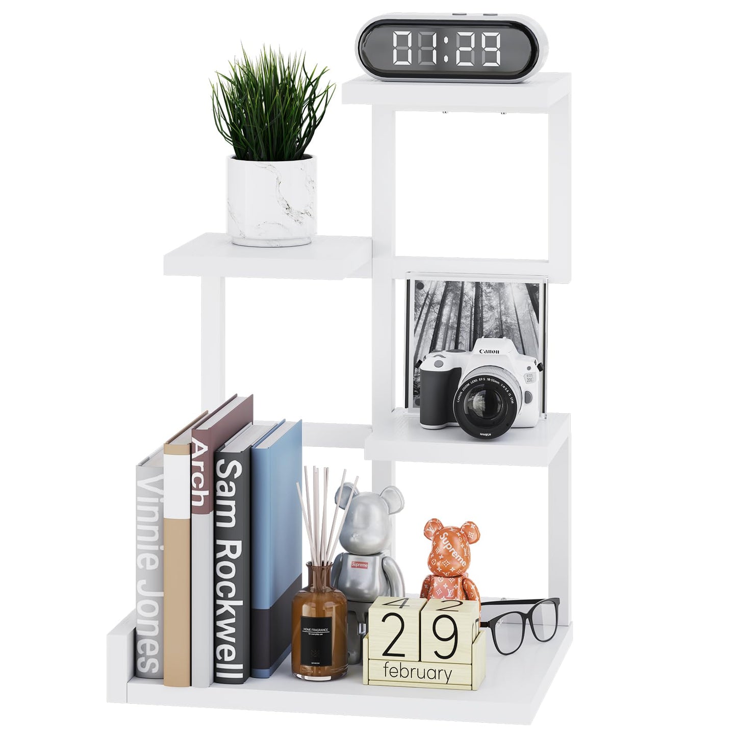 YMYNY Desktop Shelf Organizer, 4 Tier Storage Display Rack, Desk Shelf Organizer Small Bookshelf with Metal Frame for Office, Books, Plants, 12.2" x 9.45" x 17.52", White UHSR007W