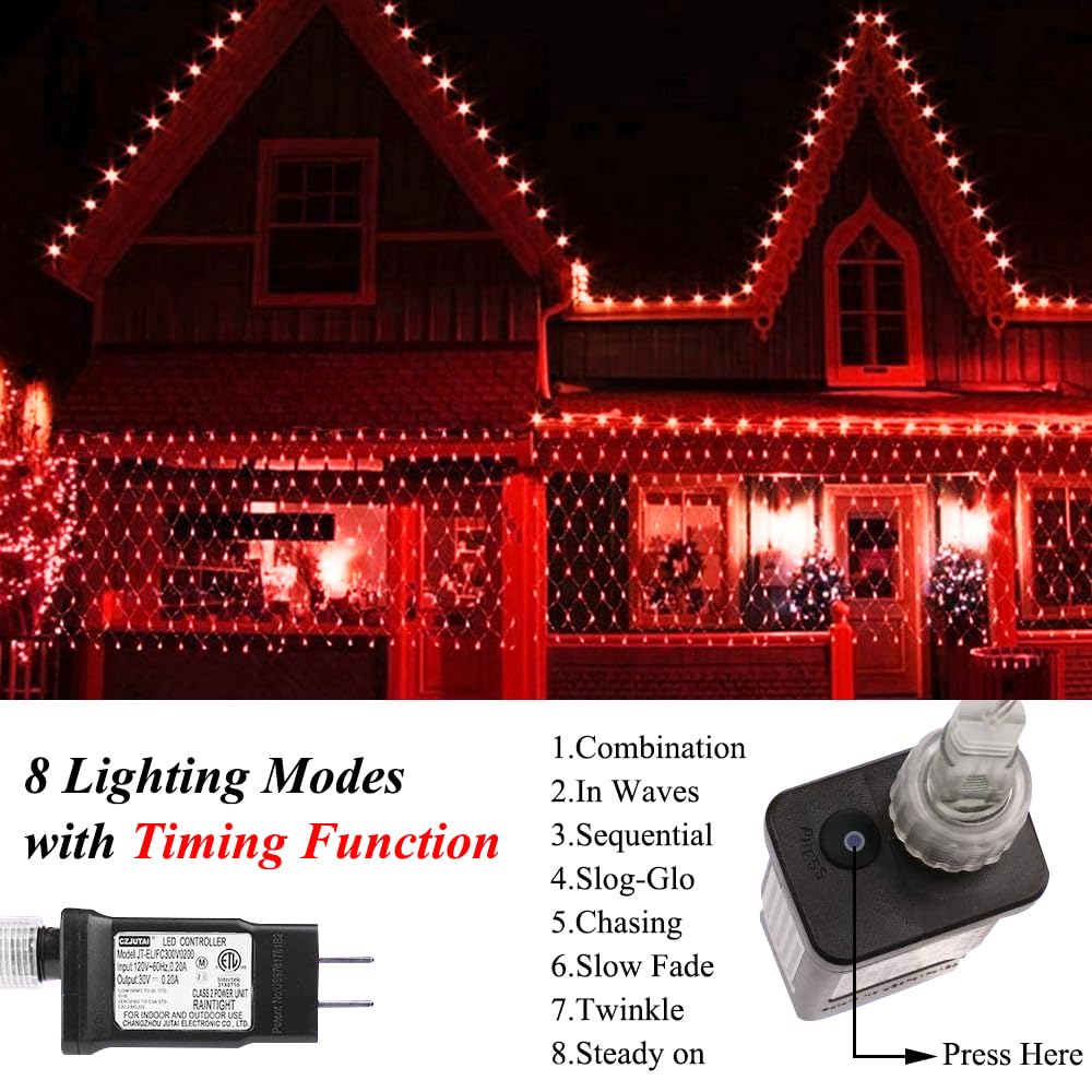 Vicila Net Light Christmas Lights Red, 240 LED Tree Mesh Lights Outdoor Plug in Hanging String Lights for Xmas, Halloween, Garden, Walkway, Bushes Decor-9.8ft x 6.6ft(Red)