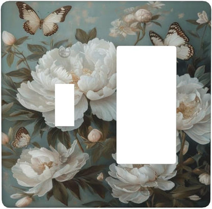 Decorative Art Light Switch Covers Butterflies & Peonies 2 Gang Single Toggle Rocker Combination Electrical Faceplate Switchplate Wall Plate for Home Decor