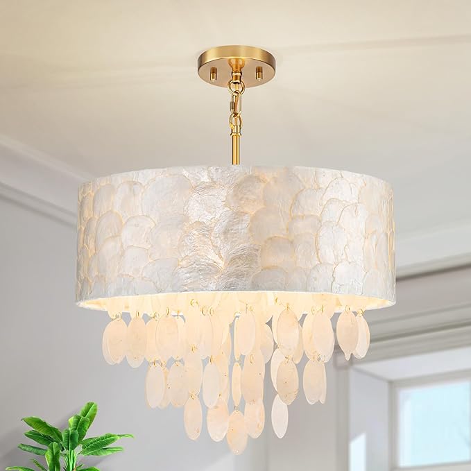 4-Lights Drum Capiz Shell Chandeliers, Coastal Style Pendant Light Fixture for Dining Room, Living Room, D18 x 21~68"(Adjustable Height), Shell Lampshade & Gold Finish