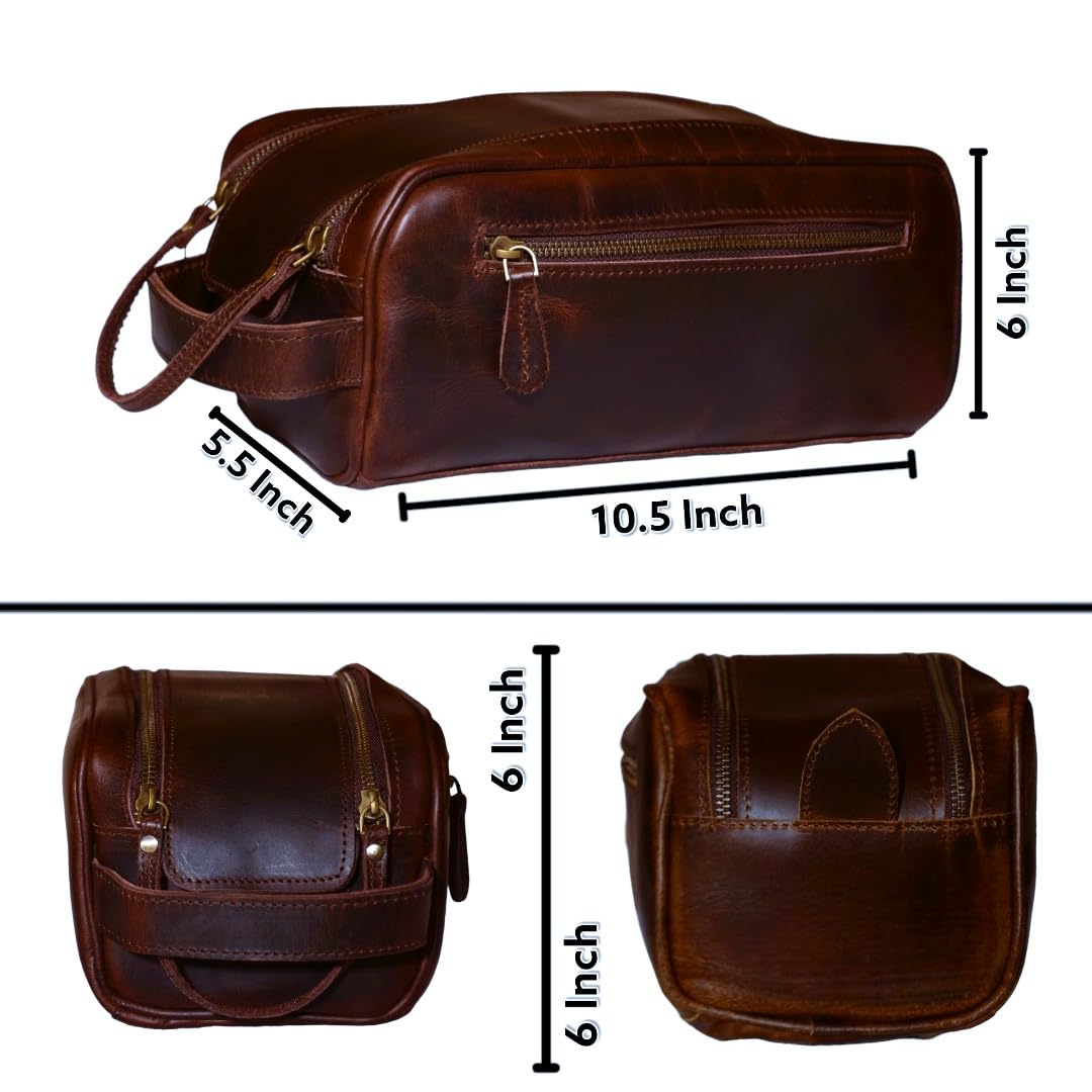 Leather Toiletry Bag With Waterproof Lining 10" King-Size Handcrafted Grooming Kit, Unisex Travel Toiletry Bag, Leather Shaving & Bathroom Organizer, Gift for Men & Women (Combo of 4 Items)