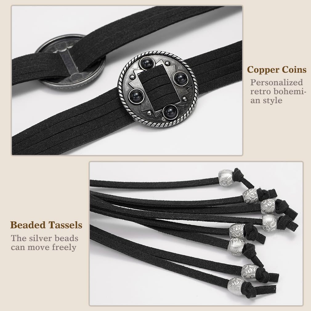 Buywis Women Knotted Waist Belt Bohemian Style Tassel Belt Vintage PU Leather Belts for Dresses Black Fit Waist 27.6"-39.4"