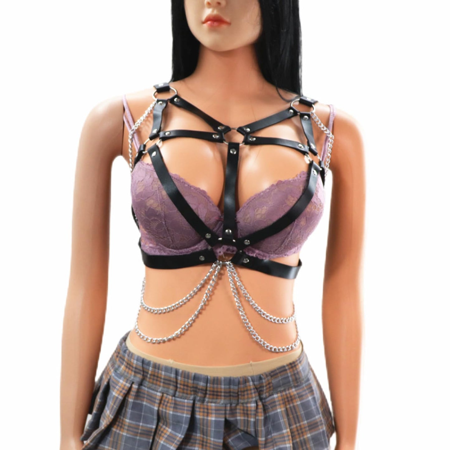 Punk Adjustable Chest Chain for Women- Gothic Faux Leather Chest Harness & Waist Body Chain Bra Belt Alternative Fashion Jewelry for Women (Chest Band Chain)