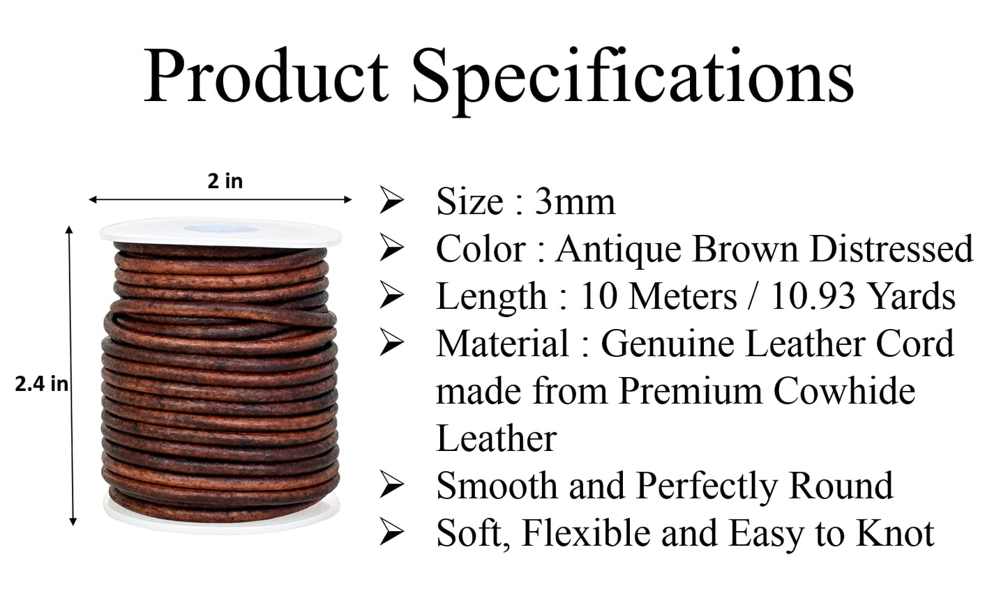 GENIQUE Real/Genuine Round Leather Cord for Jewelry Making, Leather String Cord for Crafting, Necklace, Bracelets, Braiding, Wraps (3mm, Antique Brown Distressed)