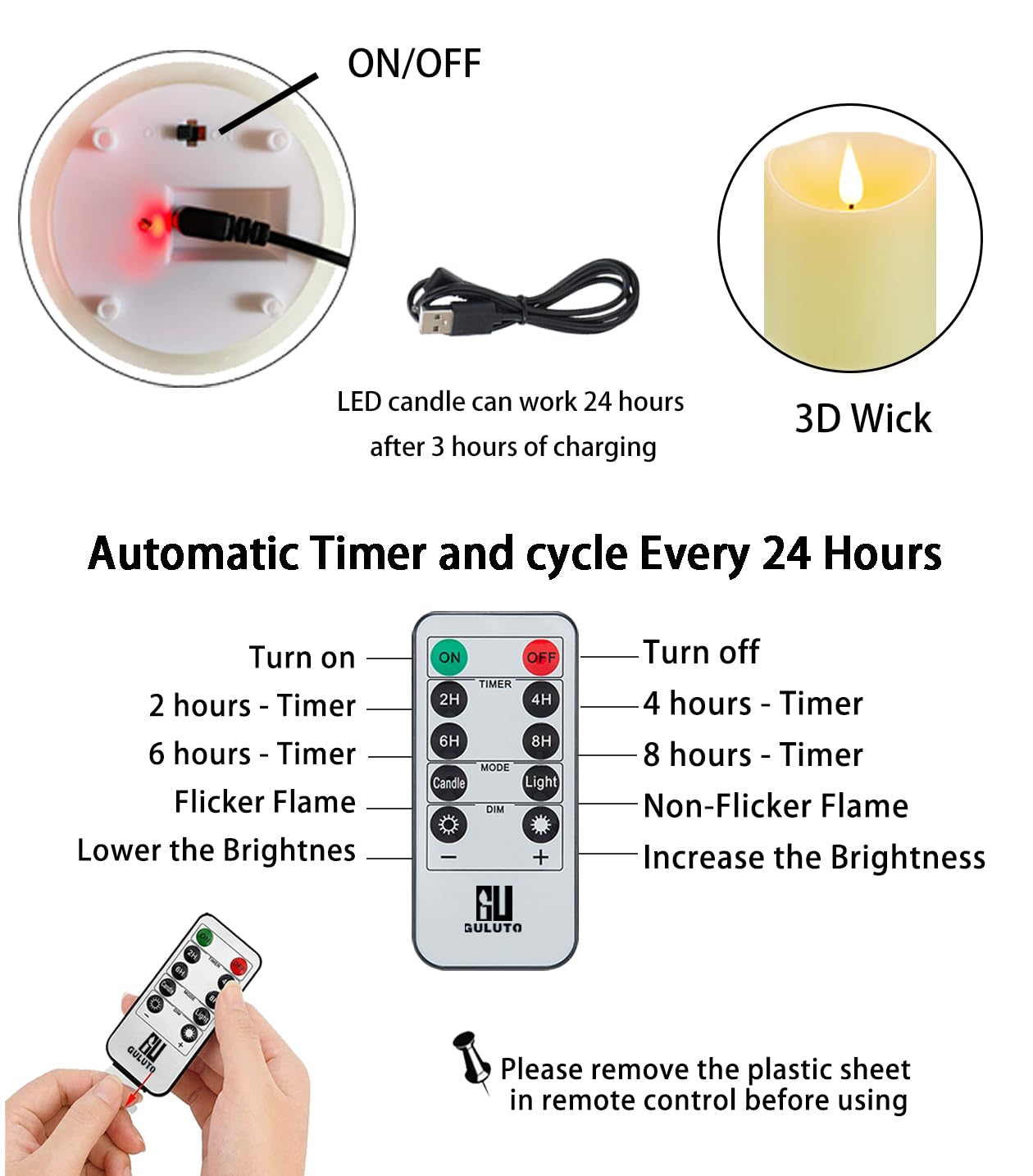 Guluto Flickering Flameless Candles with Rechargeable Battery, Electronic Candles with Remote and Timer, led Pillar Candles Real Wax Wick, led Candles for Home, Wedding, Halloween, Christmas 3" x 6"