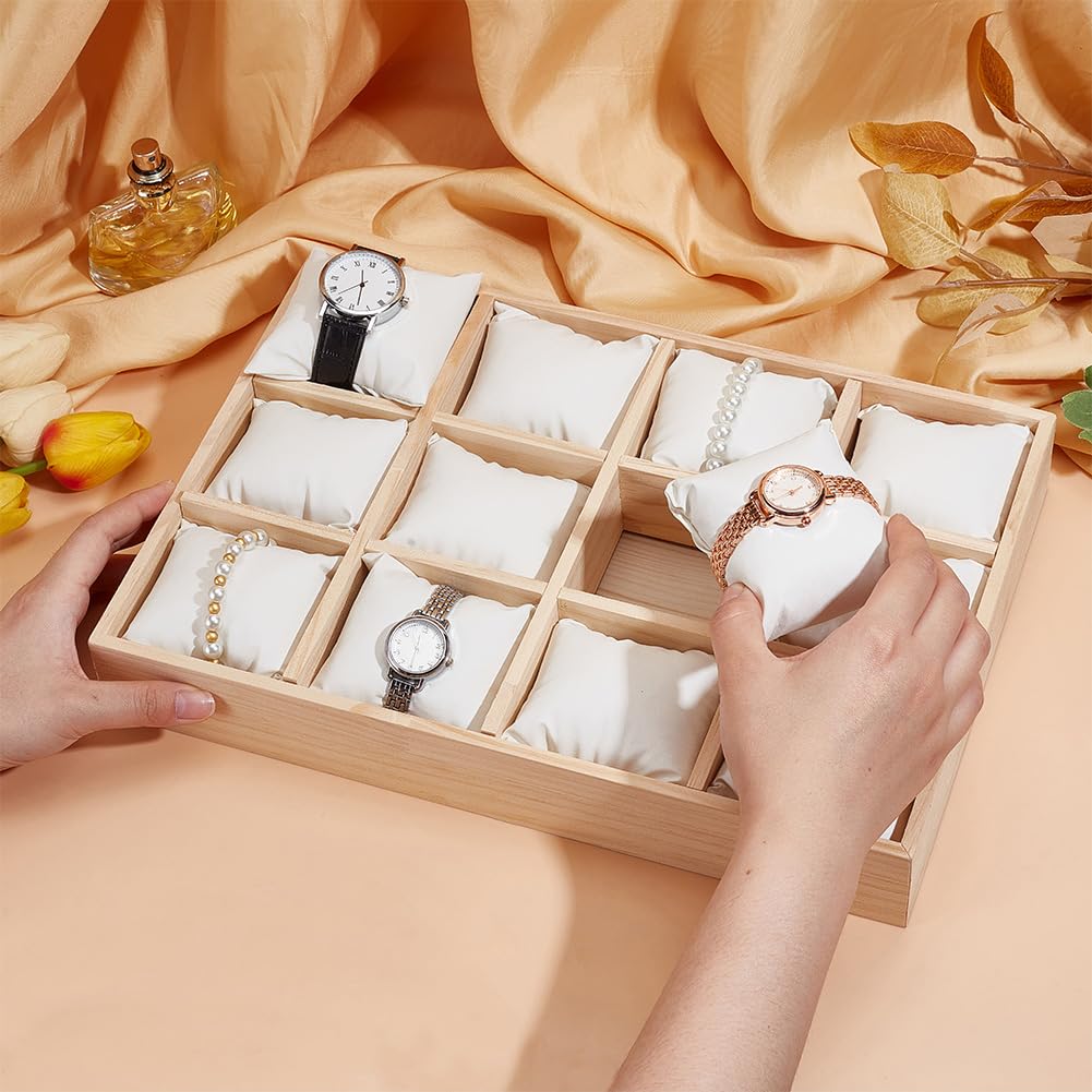 PH PandaHall 12 Slot Wooden Watch Organizer Tray Display Holder with Removable PU Leather Pillows, Stackable Jewelry Bracelet Storage Tray for Drawer Watch Display Showcase, White