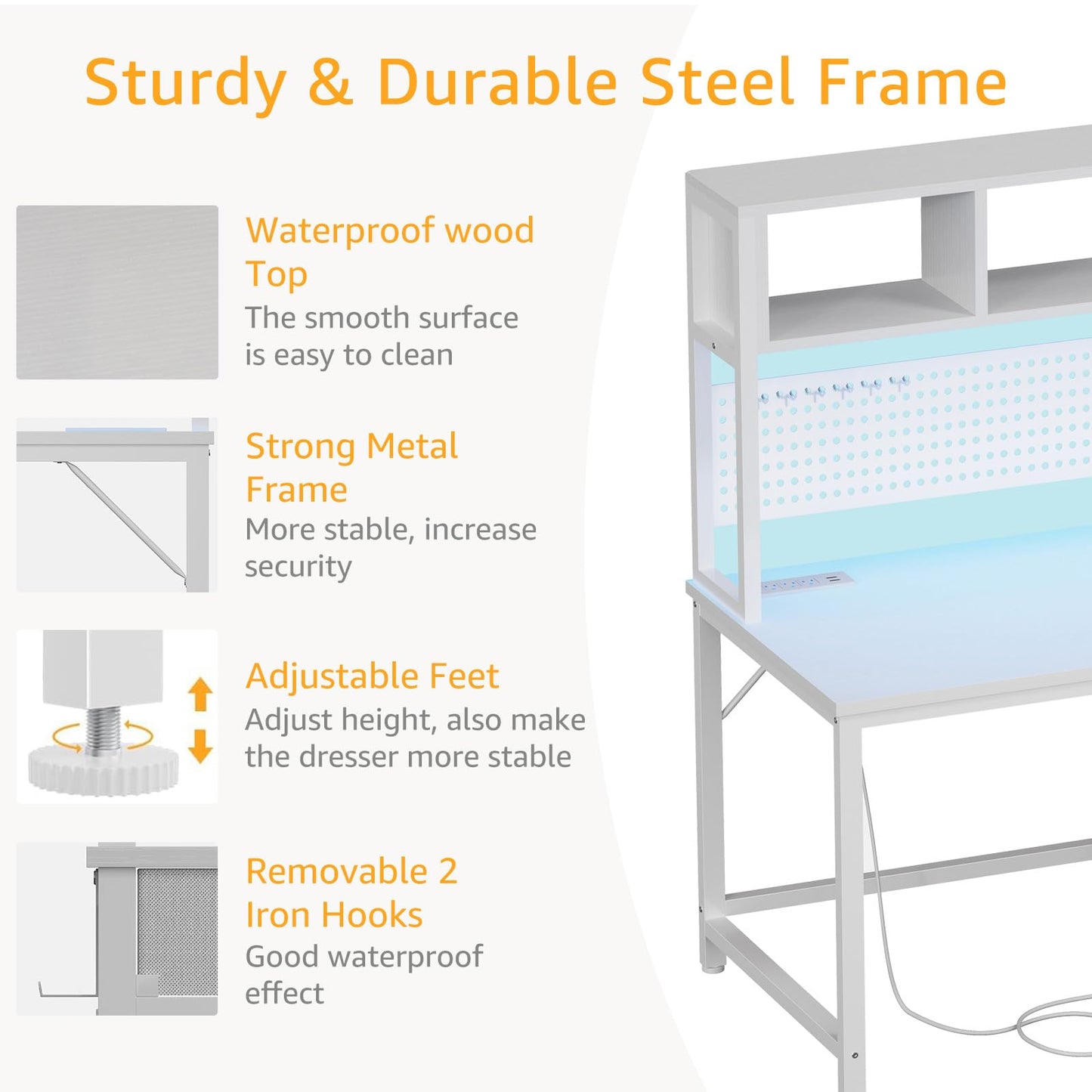 White Gaming Desk with Hutch and Pegboard - Computer Desk with Hutch, Power Outlet, 47 Inch Art Desk with Storage, Hooks, RGB and Side Bag, Writing Modern Study Teen Desks for Girl Bedroom Home Office