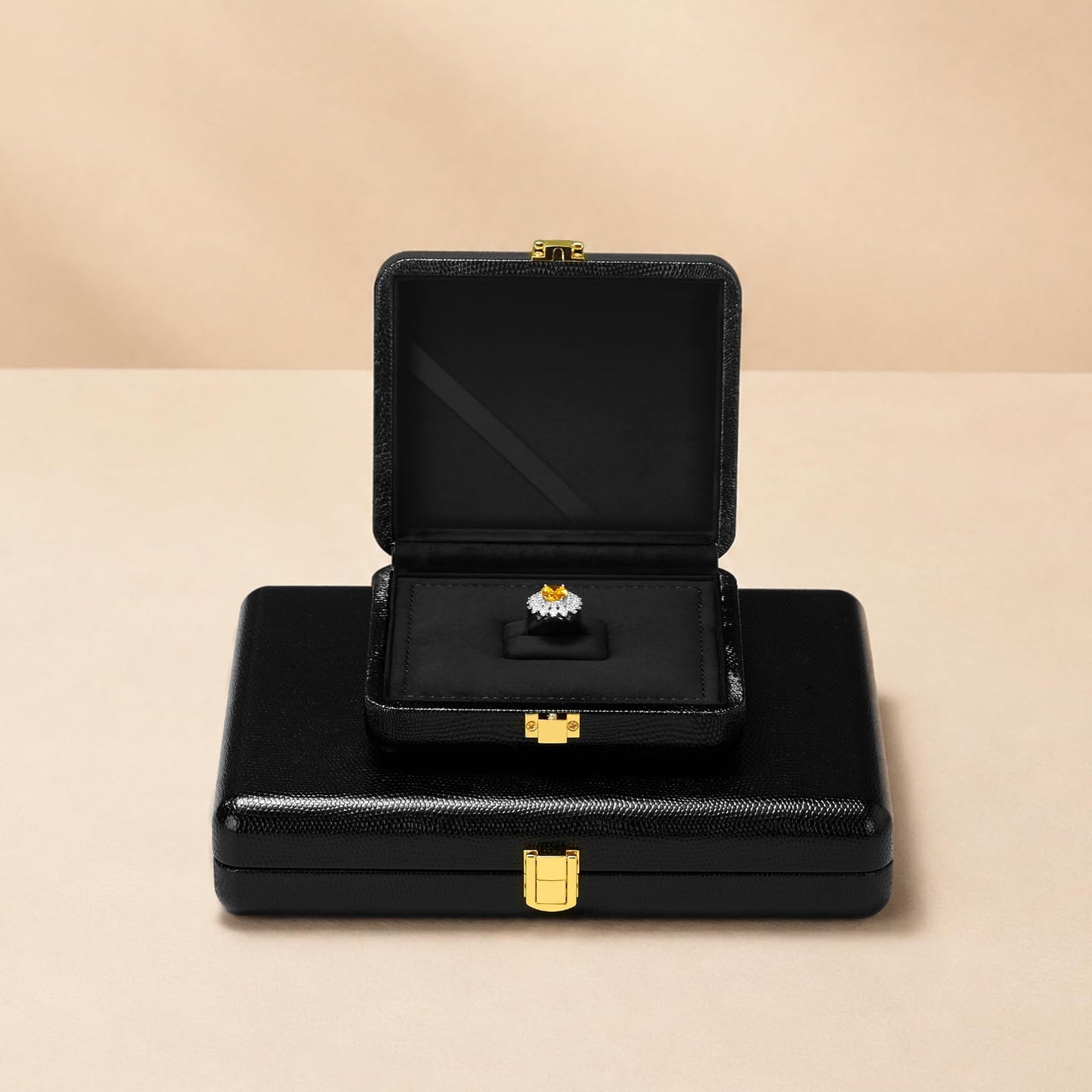 Oirlv Black Leather Jewelry Set Box with Gold Clasp, Luxury Velvet Lined Organizer for Rings, Necklaces & Earrings
