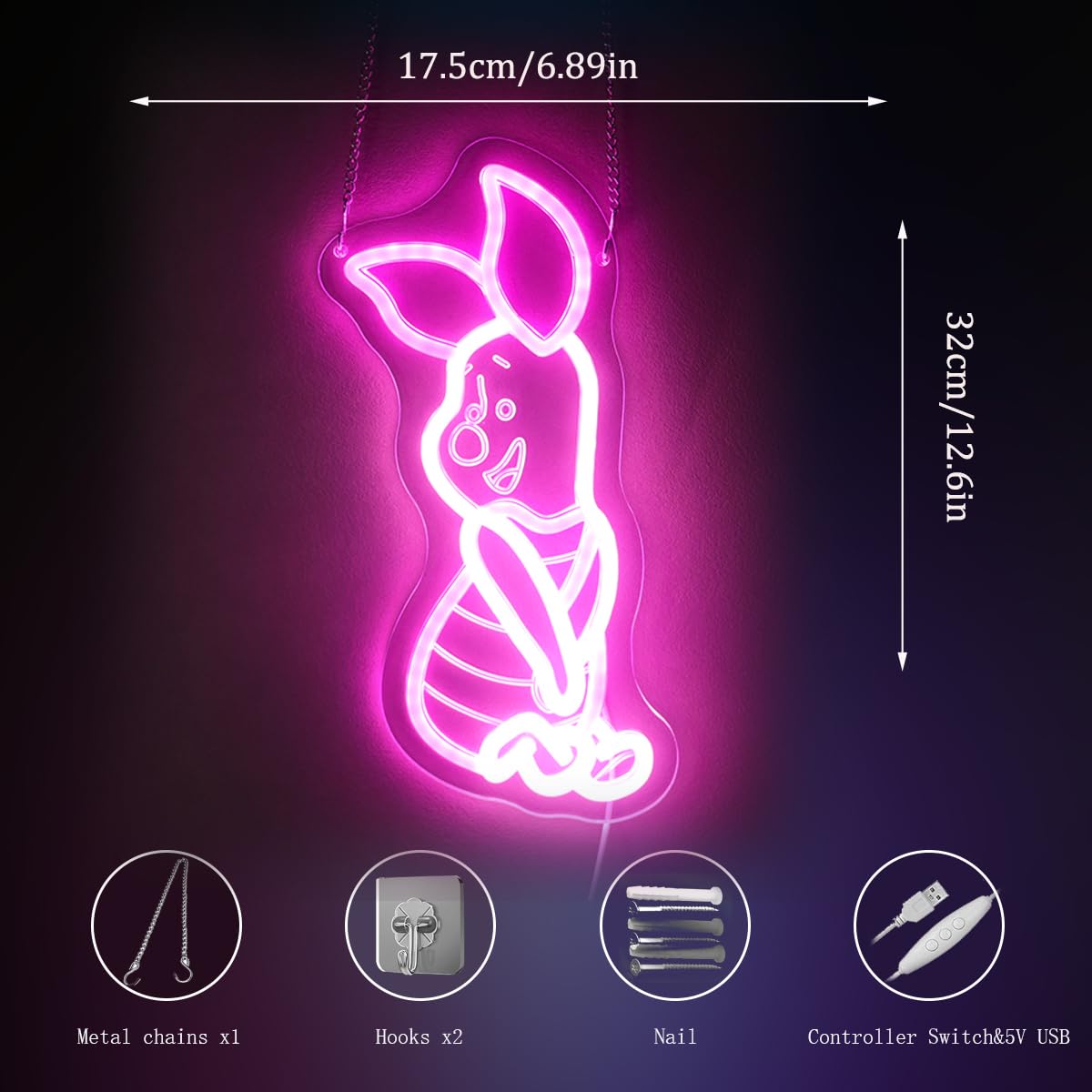 LED Anime Pig Neon Sign Pink Wall Art for Nursery, Baby,Kids Room,Girls Room,Dorm or Bedroom Decor, Dimmable USB, Sweet Uplifting Gift for Animal Lovers & Little Ones