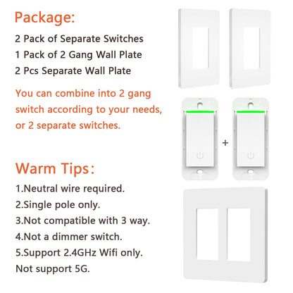 Milfra Smart Light Switch-Smart WiFi Switch 2.4Ghz Compatible with Alexa, Google Assistant,Remote Control/Voice Control and Schedule, Neutral Wire Required, Single-Pole, No Hub Required (4 Pack)