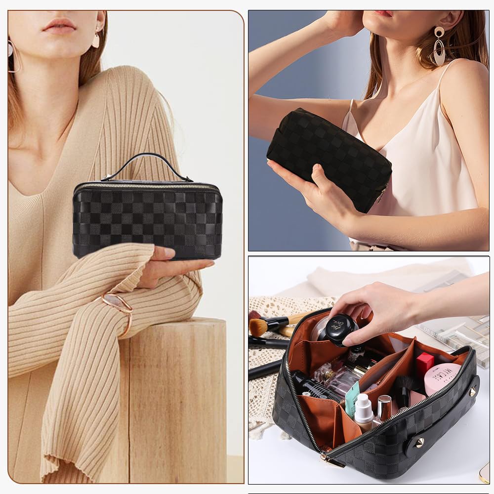 Checkered Travel Makeup Bags Cosmetic Organizer Bag: 2-Set Large Capacity Waterproof Makeup Bag - PU Leather Toiletry Bag for Women - Wide Open Portable Pouch with Handle and Divider (BLACK)