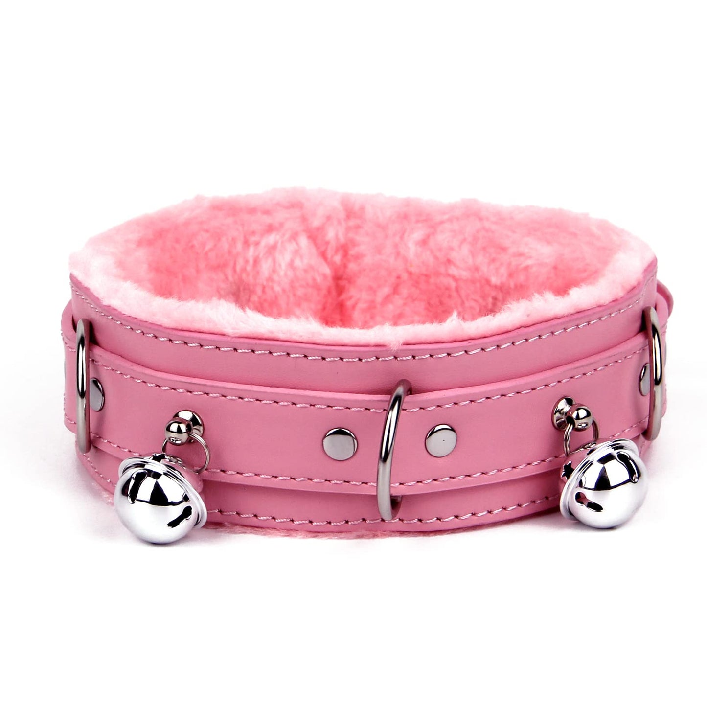 Kiheony leather choker Necklace for women with bell or lock Adjustable Collar size Medium Bell Pink