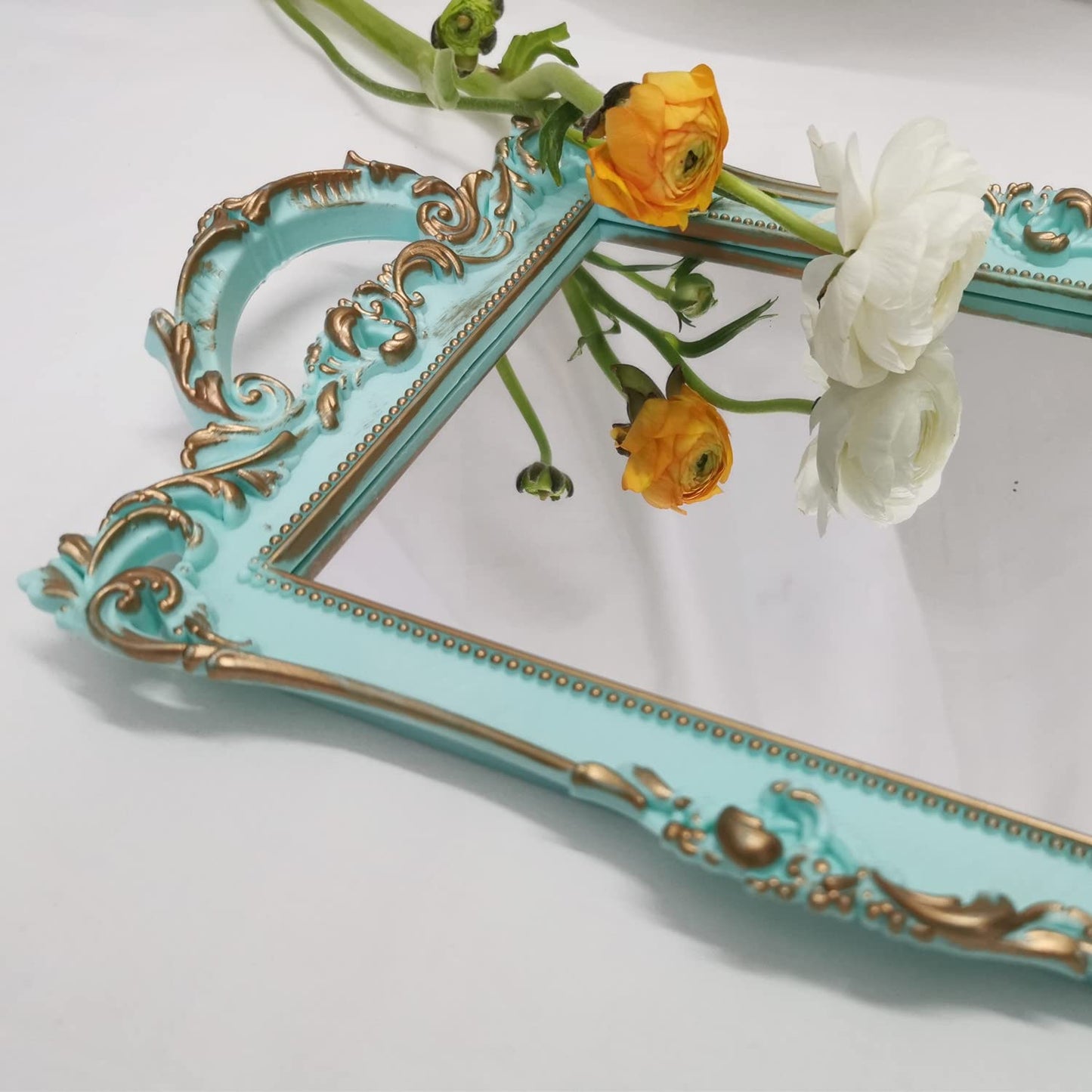 Yamfurga Small Rectangle Decorative Mirror Tray, French Style, Makeup Organizer, Jewelry Organizer, Serving Tray, 13"x 7.8", Golden Blue
