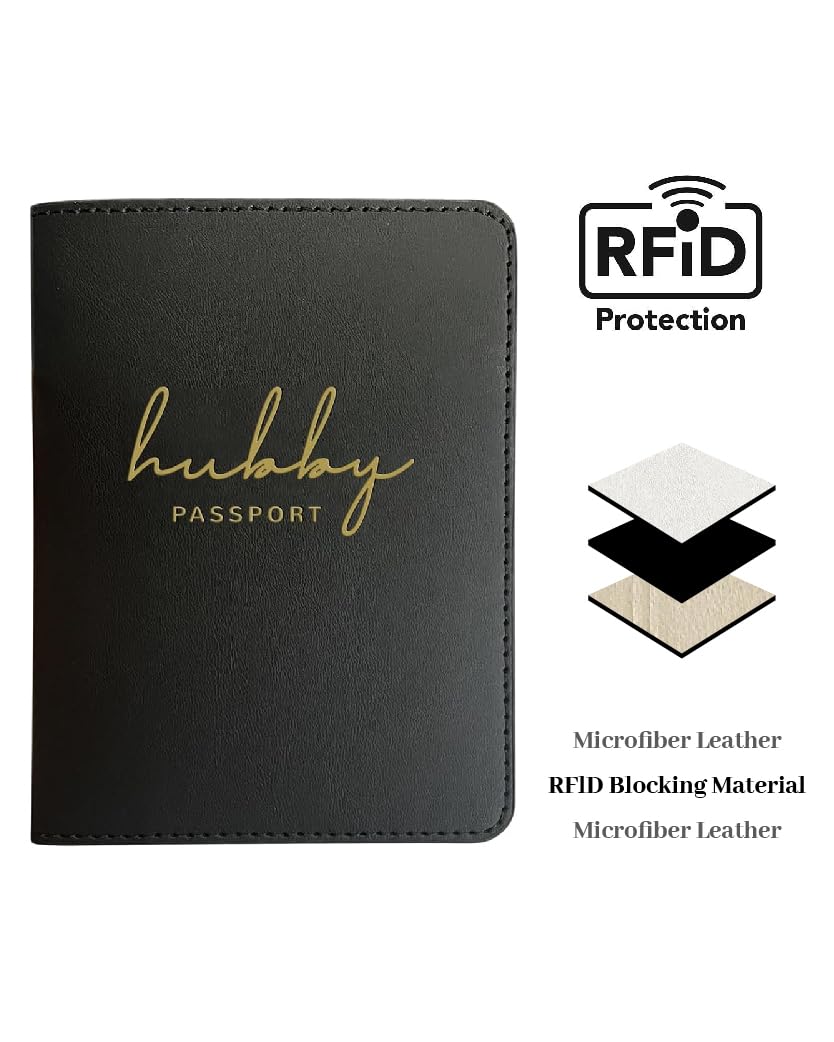HubbyWifeyGifts Matching Passport Holder for Hubby and Wifey, PU Leather Passport Cover with RFID Blocking, Honeymoon Essentials for Travel, Engagement Gifts for Couples
