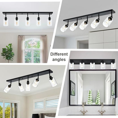 VINLUZ 5 Light Black Bathroom Spotlight Fixture with Rotatable Light Head Indoor Vanity Lighting with Clear Glass Shade Metal Ceiling Mount Fixture