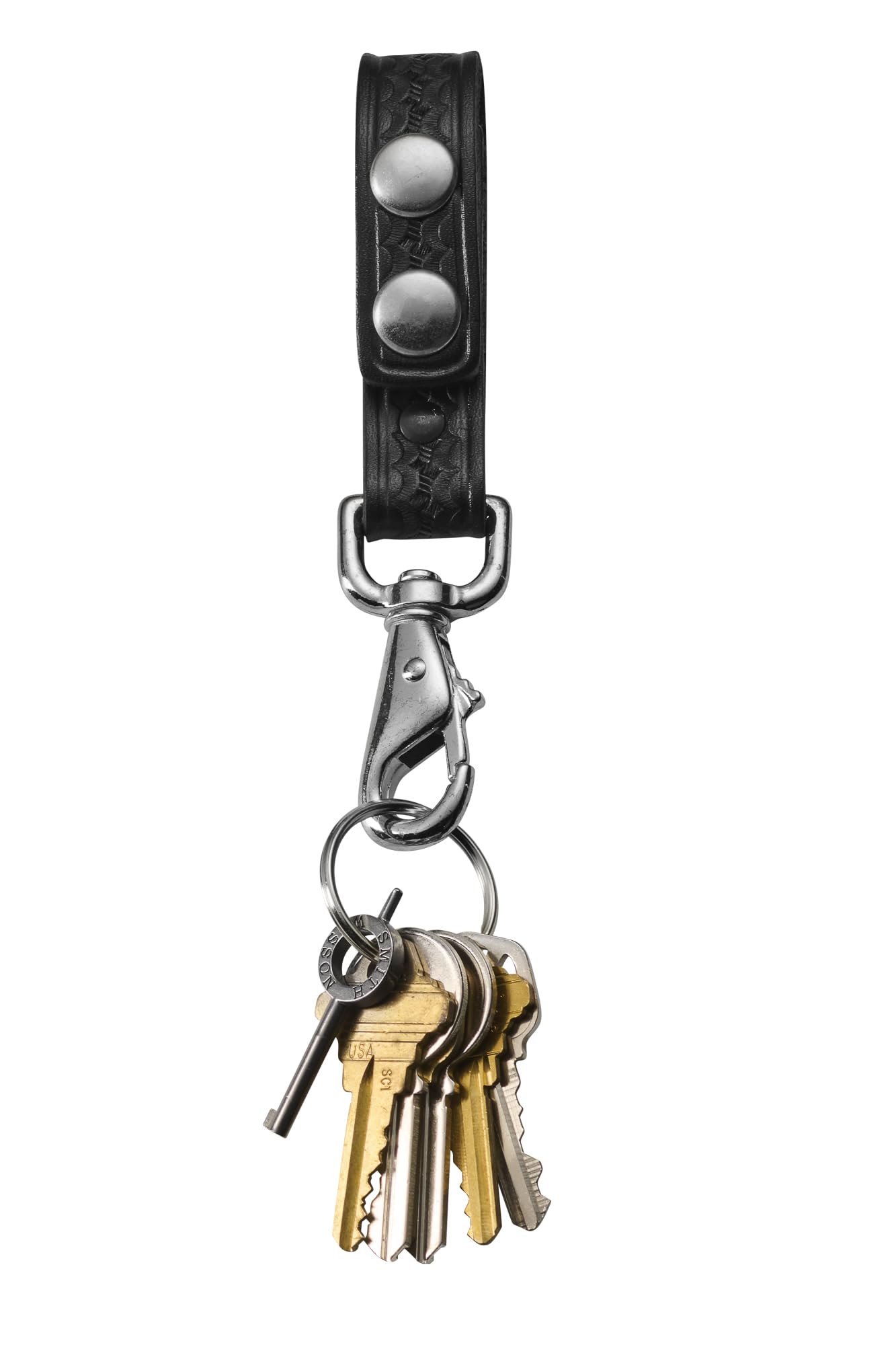 JAY-PEE Leather Basketweave Key Strap Keeper for Duty Belt - Key Ring Holder With Double Snap Loop Keychain Lanyard and Chrome Hardware