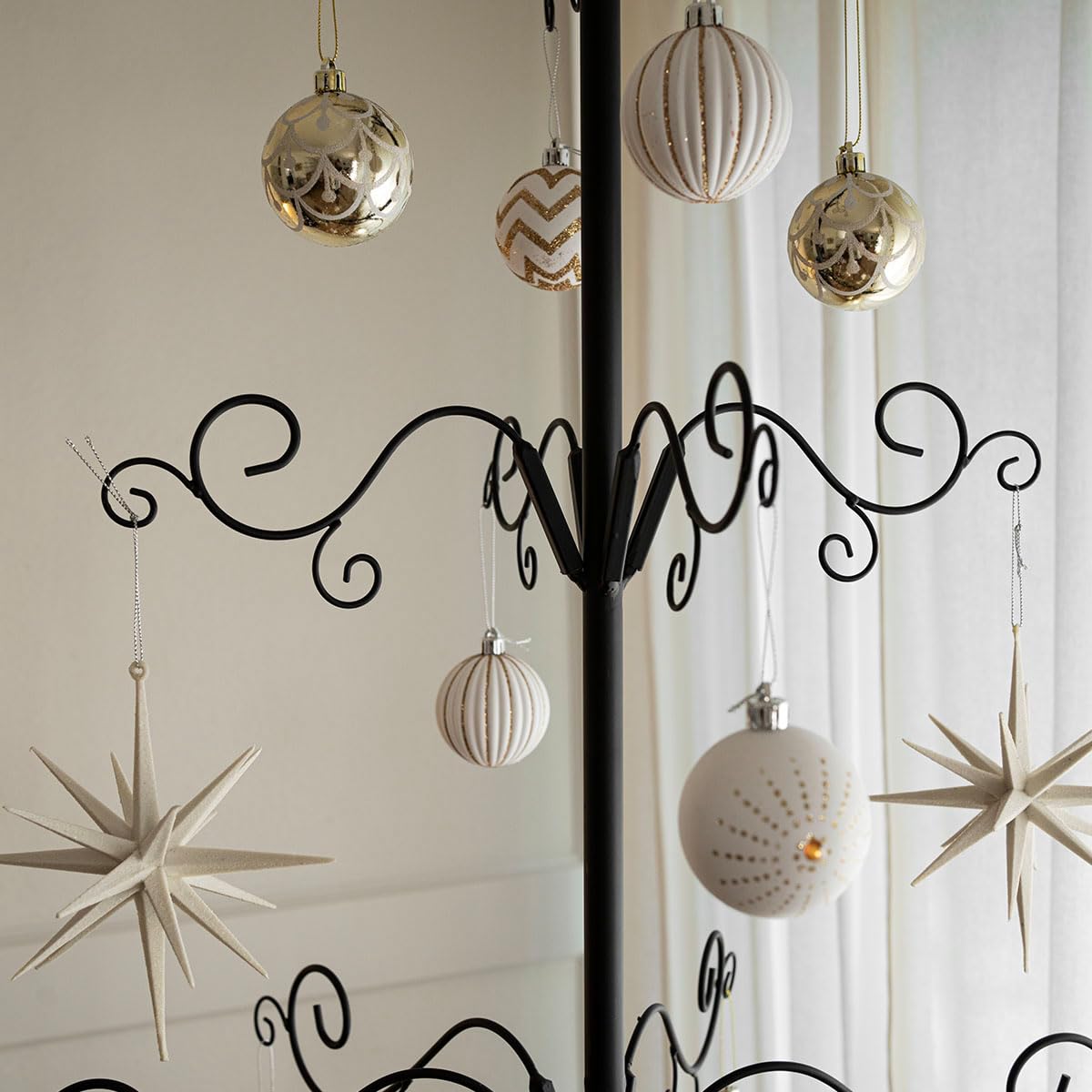 Barton 6.4ft Christmas Metal Ornament Tree Stand - Features Hooks for Ornaments Small Craft Items Wrought Iron Ornament Display Easy Assembly, Black