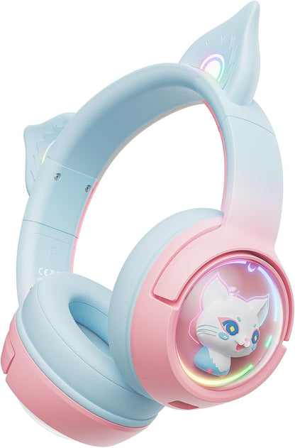 PHNIXGAM Cute Cat Bluetooth Headphones, Wireless & Wired Mode Headset with Mic, RGB LED Light, for Girls Women School Gaming, Compatible with Mobile Phones Tablet (Pink Blue)